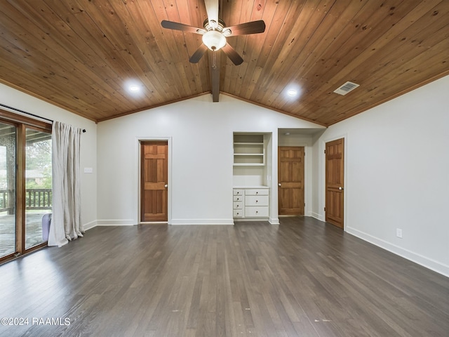 interior space featuring ceiling fan, dark wood-type flooring, lofted ceiling with beams, wooden ceiling, and built in shelves