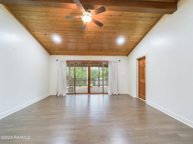 unfurnished room with wood ceiling, ceiling fan, vaulted ceiling, and hardwood / wood-style flooring