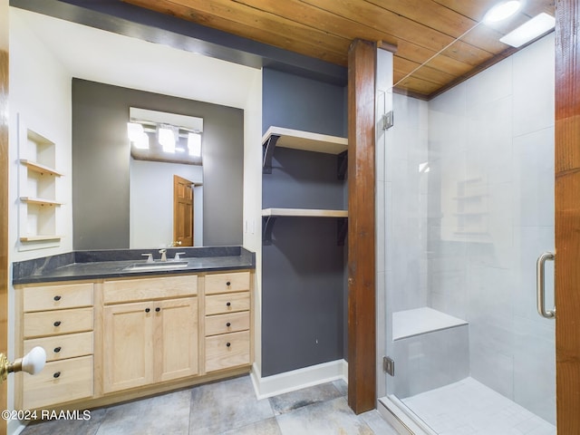 bathroom featuring wood ceiling, an enclosed shower, tile flooring, and vanity