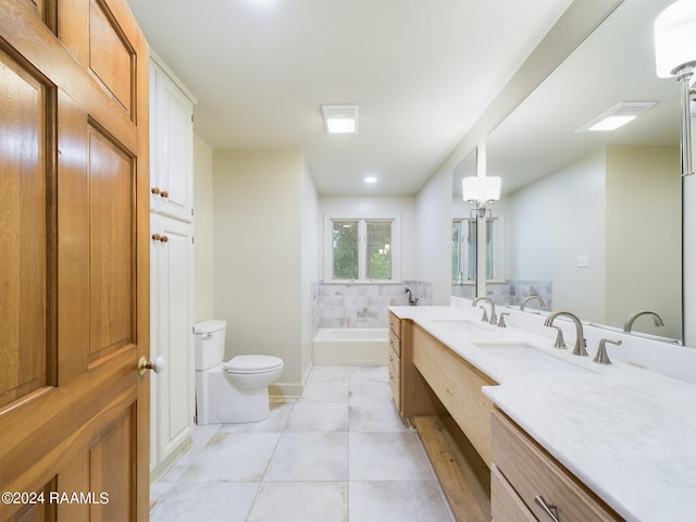 bathroom featuring toilet, tile flooring, and dual vanity