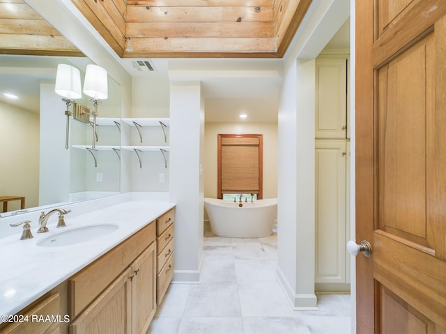 bathroom featuring tile flooring, wooden ceiling, vanity, and a bathtub