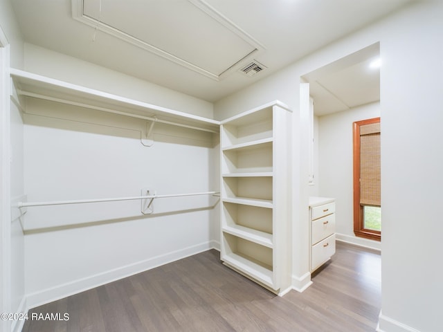 walk in closet with hardwood / wood-style floors