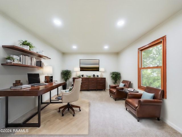 office with light colored carpet and crown molding