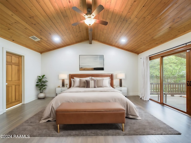 bedroom with ceiling fan, hardwood / wood-style floors, access to outside, vaulted ceiling, and wooden ceiling