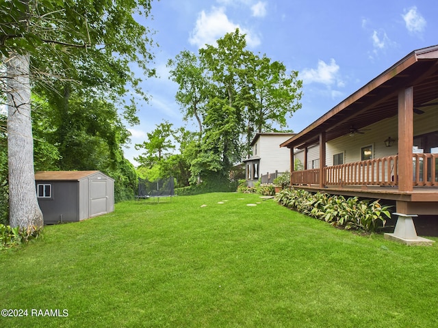 view of yard with a trampoline, a deck, and a storage shed