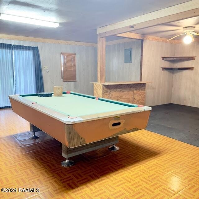 game room with electric panel, light parquet floors, ceiling fan, and pool table