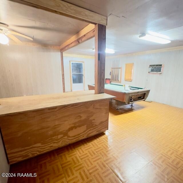 playroom featuring ceiling fan, parquet floors, and pool table