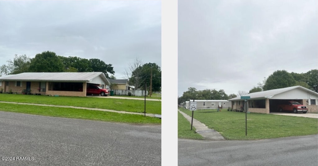 view of front of property with a carport and a front lawn