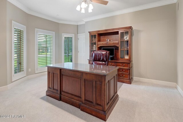 carpeted office featuring ceiling fan and crown molding