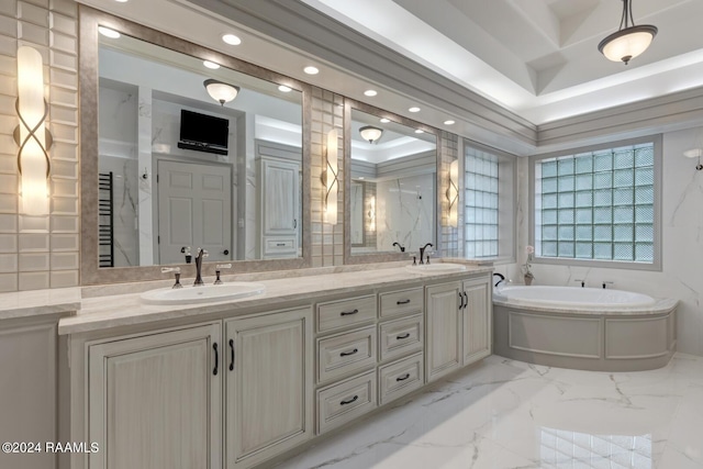 bathroom with a bath, double sink vanity, and tile flooring