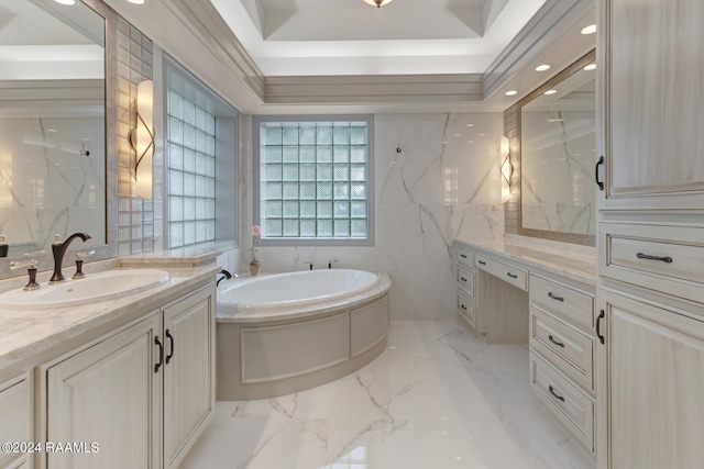 bathroom featuring tile flooring, tile walls, vanity, a bathing tub, and a tray ceiling