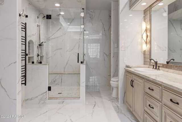 bathroom with an enclosed shower, tile walls, tile flooring, toilet, and oversized vanity