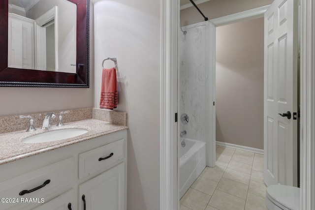 full bathroom featuring toilet, shower / bathtub combination, tile floors, and vanity with extensive cabinet space