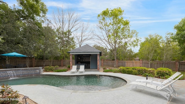 view of swimming pool featuring a gazebo, pool water feature, and a patio area