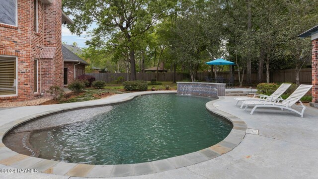 view of pool with a patio area and pool water feature