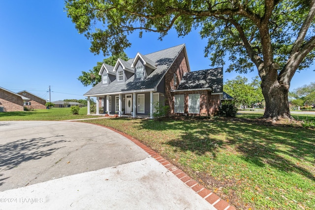 new england style home featuring covered porch and a front yard