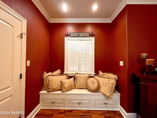 mudroom featuring dark hardwood / wood-style flooring and ornamental molding