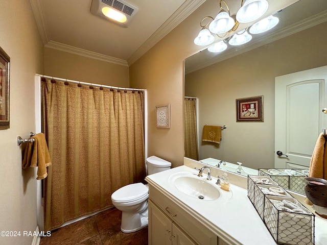 bathroom with an inviting chandelier, crown molding, toilet, large vanity, and tile floors