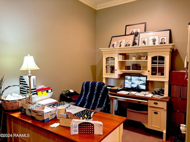 office area featuring ornamental molding and hardwood / wood-style flooring