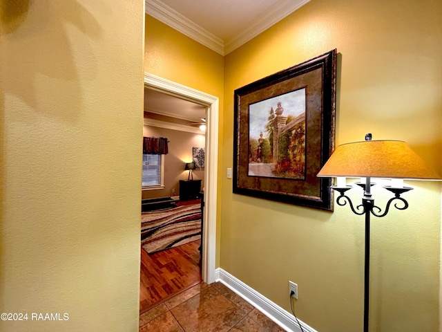 corridor featuring crown molding and dark wood-type flooring