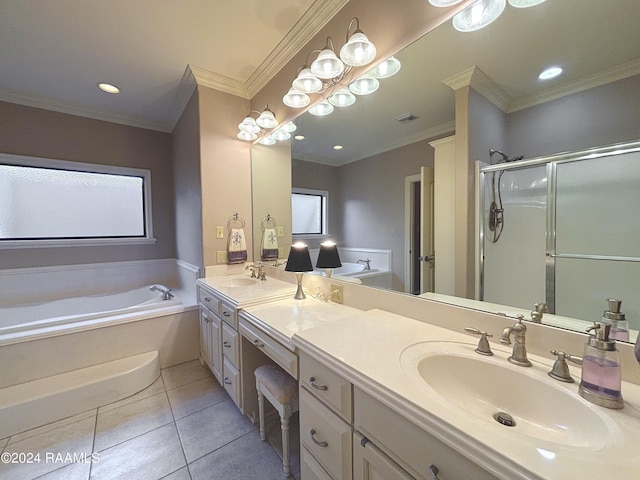 bathroom featuring tile floors, ornamental molding, separate shower and tub, and dual vanity