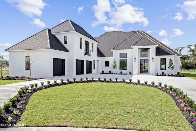 view of front of property with a front lawn and a garage