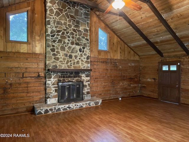 unfurnished living room with wood ceiling, a fireplace, and hardwood / wood-style floors