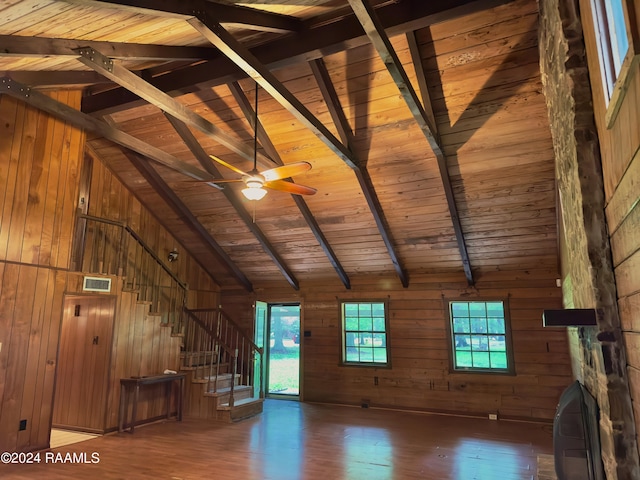 unfurnished living room featuring wood ceiling, wood walls, wood-type flooring, and beamed ceiling