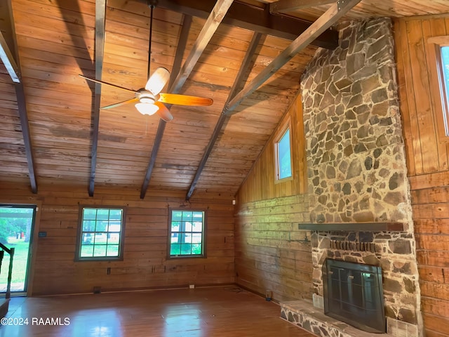 interior space featuring wood ceiling, wood walls, wood-type flooring, and ceiling fan