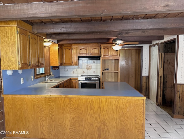 kitchen featuring beamed ceiling, sink, kitchen peninsula, and light tile floors