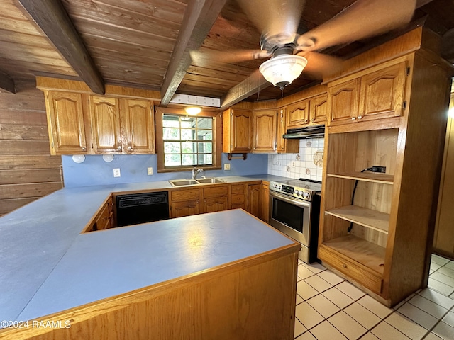 kitchen featuring beam ceiling, dishwasher, stainless steel electric range, and wood ceiling