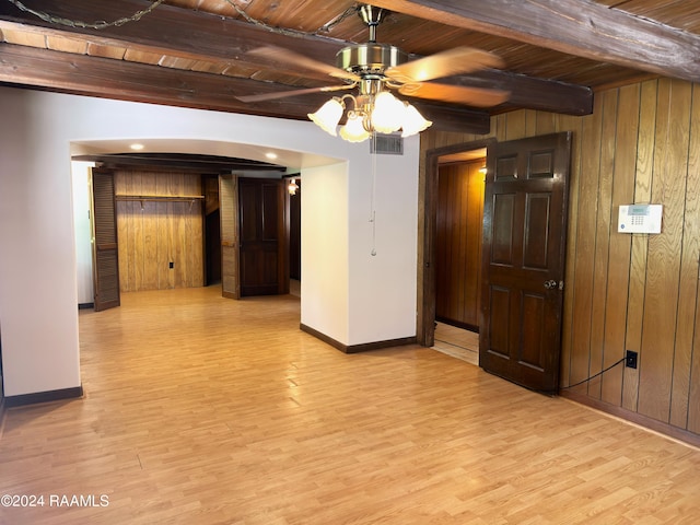 spare room with wood walls, ceiling fan, light hardwood / wood-style floors, beam ceiling, and wood ceiling