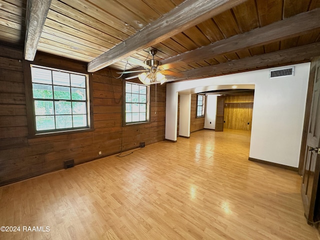 spare room with beamed ceiling, wood walls, ceiling fan, and light wood-type flooring