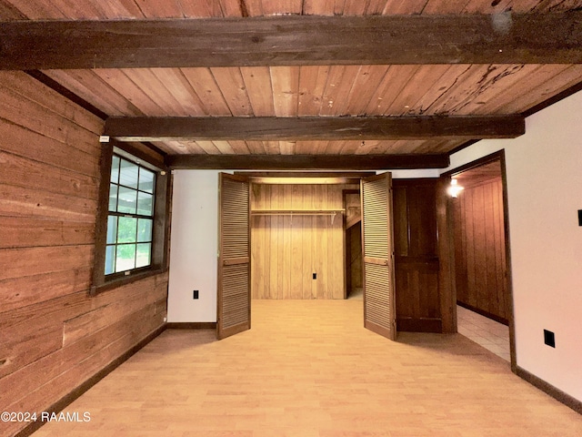 basement with wooden ceiling, wood walls, and hardwood / wood-style floors