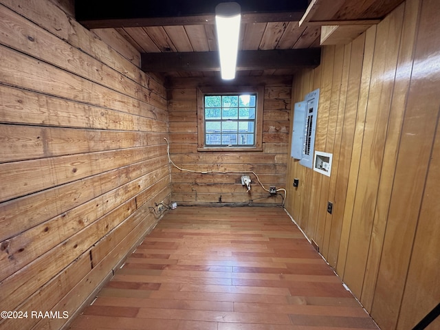 spare room featuring wood ceiling, wood walls, beam ceiling, and light wood-type flooring