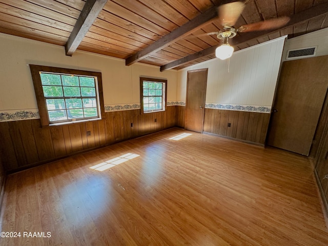 unfurnished room featuring wood ceiling, ceiling fan, and hardwood / wood-style floors