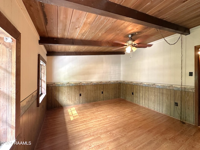 unfurnished room featuring wood walls, ceiling fan, light hardwood / wood-style floors, lofted ceiling with beams, and wooden ceiling