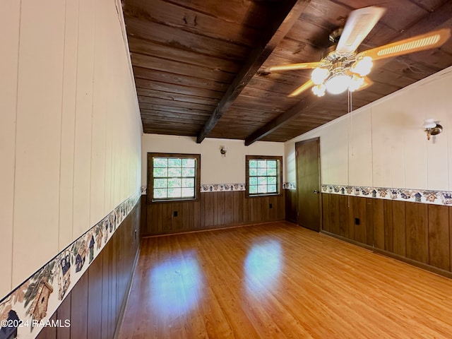 unfurnished room with wood ceiling, light hardwood / wood-style flooring, lofted ceiling with beams, and ceiling fan