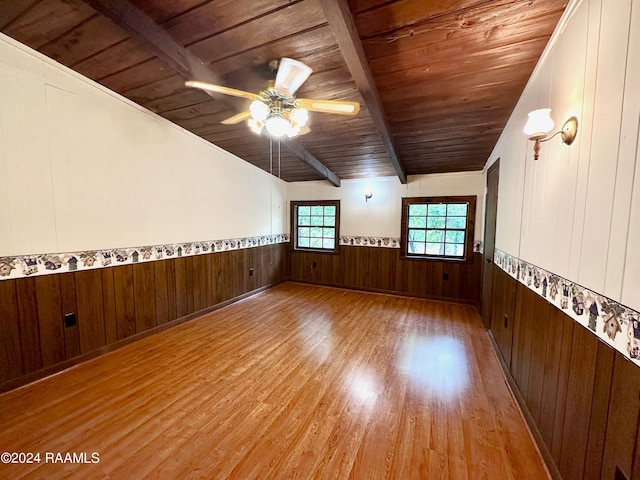 empty room featuring ceiling fan, vaulted ceiling with beams, wood ceiling, wooden walls, and hardwood / wood-style flooring