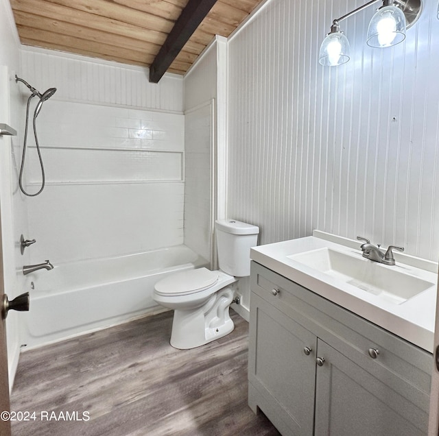 full bathroom featuring hardwood / wood-style floors, beam ceiling, wooden ceiling, vanity, and bathing tub / shower combination