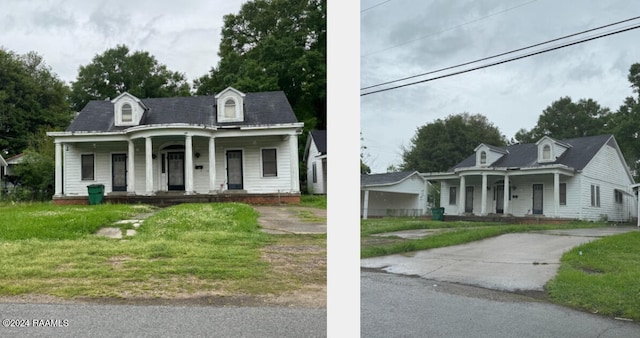 cape cod-style house with a front yard and covered porch