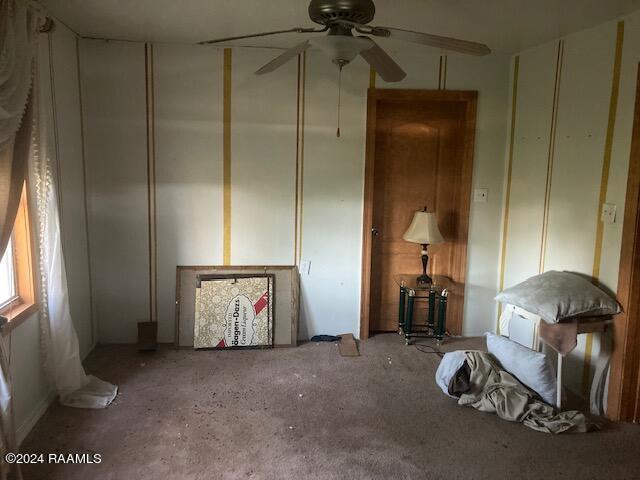 interior space featuring ceiling fan and carpet floors