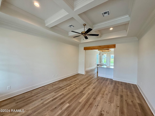 empty room featuring crown molding, beam ceiling, coffered ceiling, ceiling fan, and light hardwood / wood-style flooring