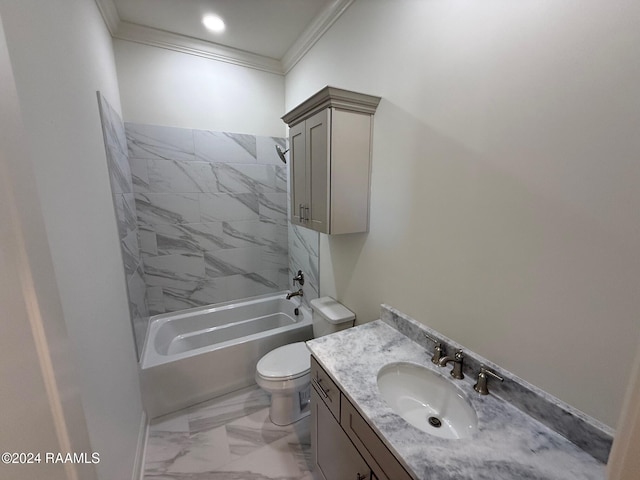 full bathroom with vanity, toilet, crown molding, and tiled shower / bath combo