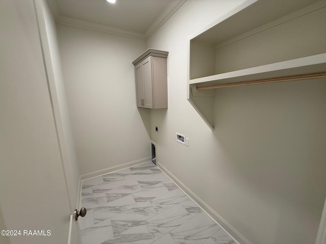 washroom featuring electric dryer hookup and crown molding