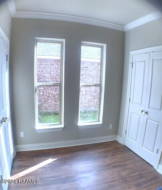 unfurnished bedroom with multiple windows, dark hardwood / wood-style floors, and crown molding