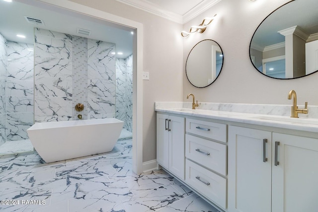 bathroom with ornamental molding, tile flooring, and dual vanity