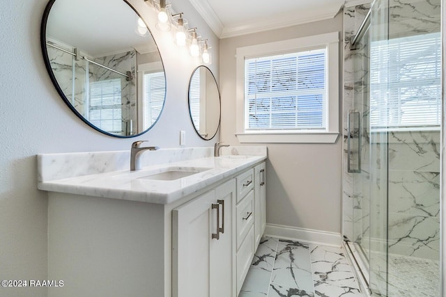 bathroom featuring crown molding, tile flooring, an enclosed shower, and double vanity