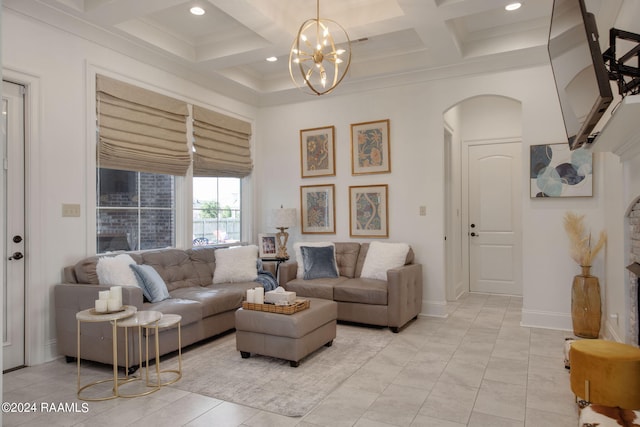 tiled living room featuring coffered ceiling, beam ceiling, and a chandelier