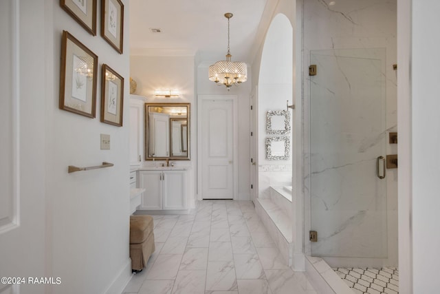 bathroom featuring crown molding, independent shower and bath, an inviting chandelier, tile floors, and vanity